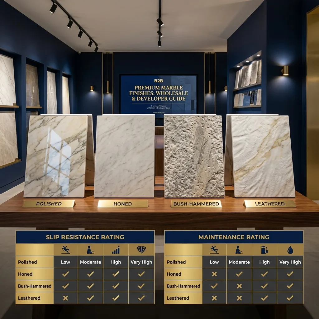 Marble Finishes Explained: Polished, Honed, Bush-Hammered & Leathered for B2B Wholesale Buyers